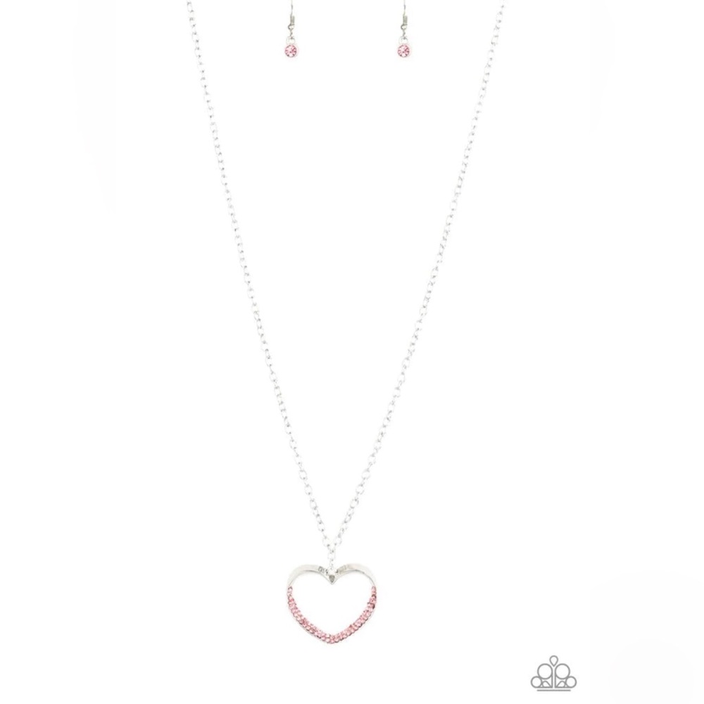 New long silver chain with open heart encrusted in pink rhinestones